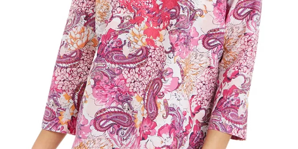 Túnica feminina Charter Club de linho com estampa bordada e decote redondo, tamanho médio, rosa
