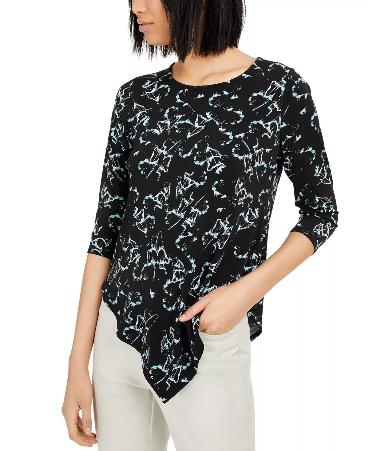 Top Alfani Feminino Petite Estampado com Bainha em V Preto Tamanho P