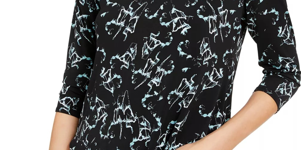 Top Alfani Feminino Petite Estampado com Bainha em V Preto Tamanho P
