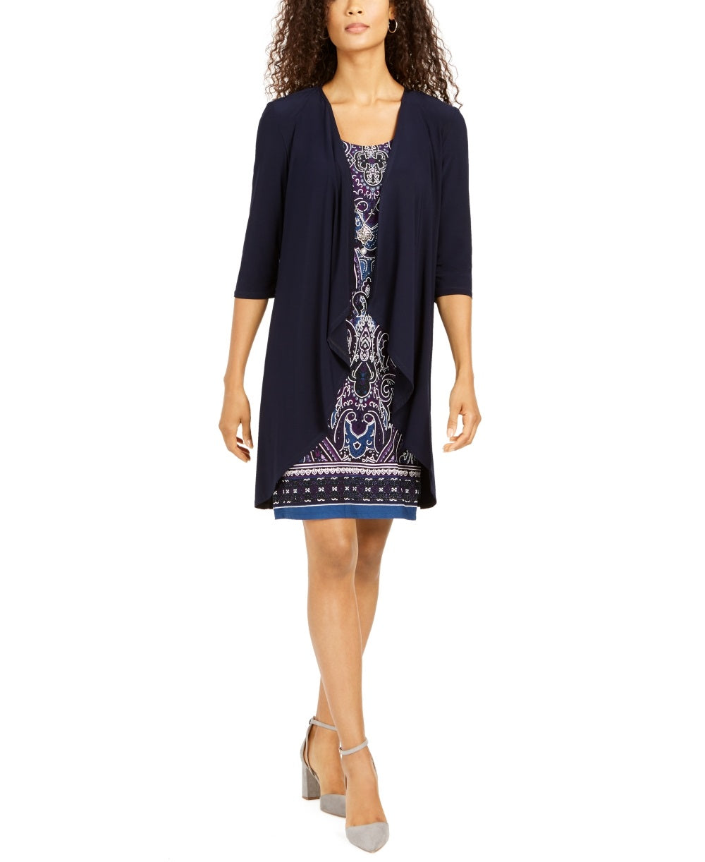 Vestido estampado com colar e jaqueta drapeada feminino R &amp; M Richards, azul, tamanho 6, pequeno
