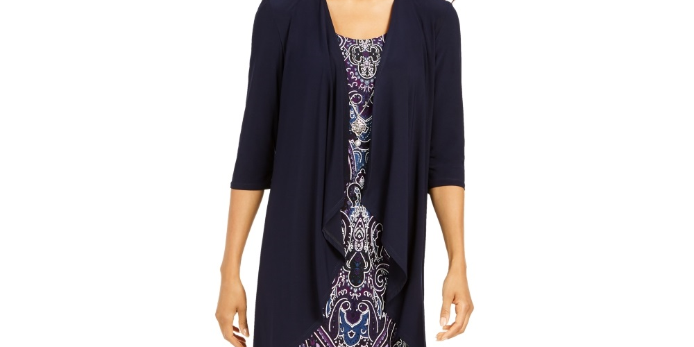 Vestido estampado com colar e jaqueta drapeada feminino R &amp; M Richards, azul, tamanho 6, pequeno