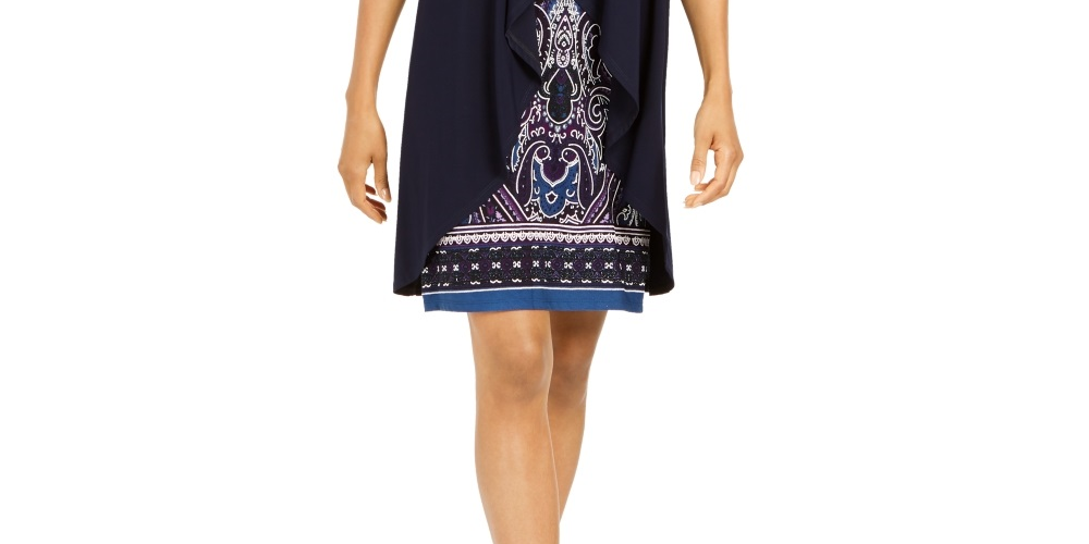Vestido estampado com colar e jaqueta drapeada feminino R &amp; M Richards, azul, tamanho 6, pequeno