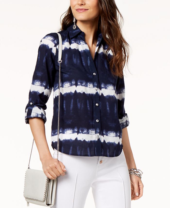 INC International Concepts Blusa de botões com estampa tie-dye de algodão feminina, tamanho pequeno e grande, azul