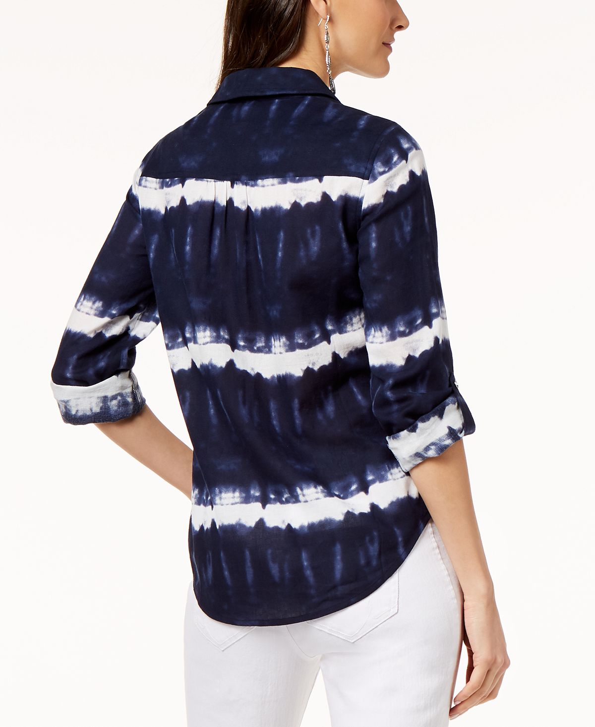 INC International Concepts Blusa de botões com estampa tie-dye de algodão feminina, tamanho pequeno e grande, azul