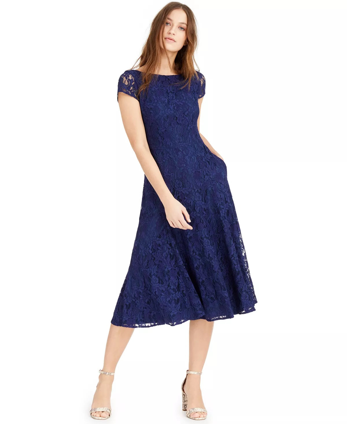 Vestido midi de renda feminino Vince Camuto, azul marinho, tamanho 12