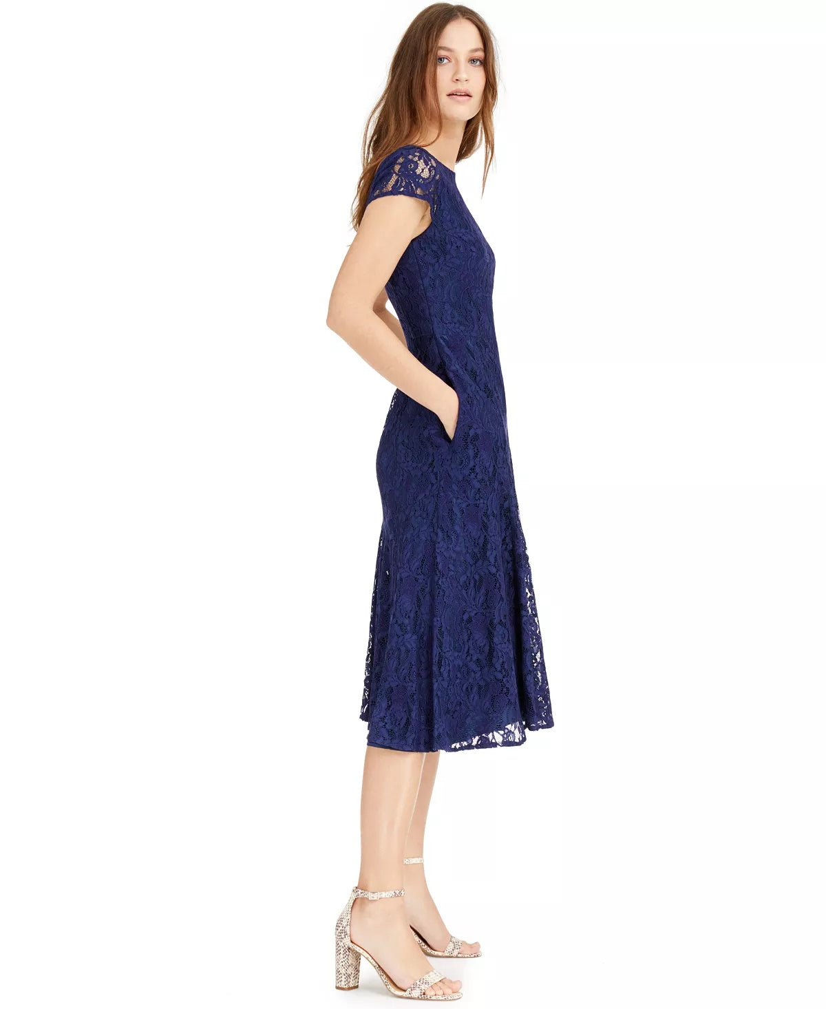 Vestido midi de renda feminino Vince Camuto, azul marinho, tamanho 12