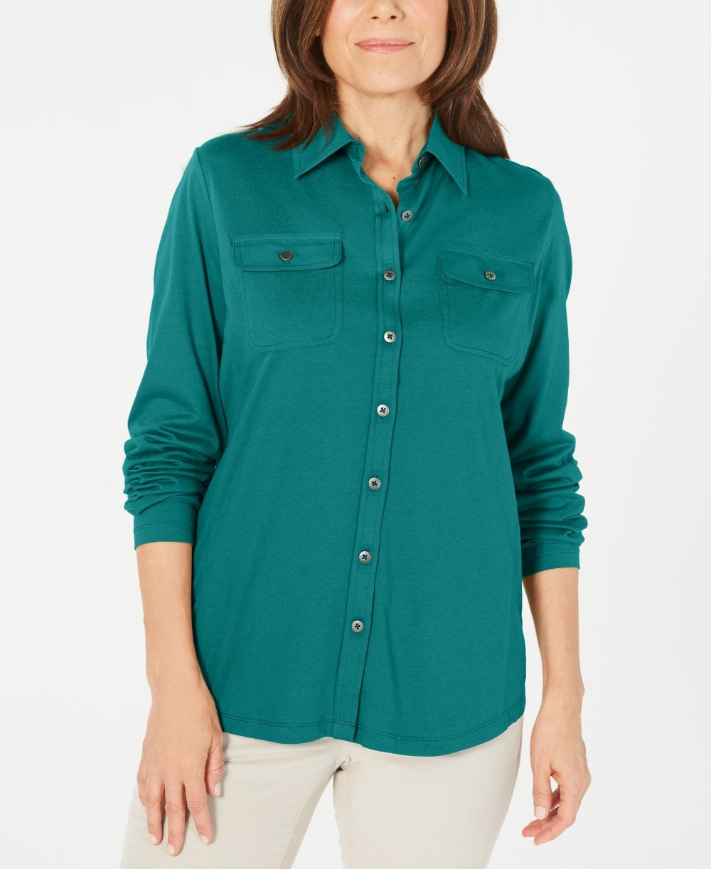 Karen Scott Blusa Feminina Mix Media com Botões Frontais Azul Tamanho Grande