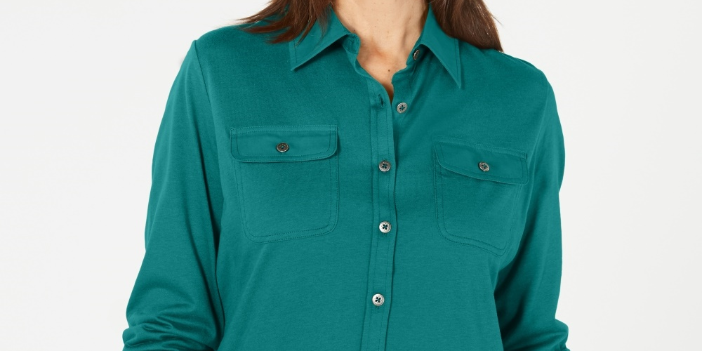 Karen Scott Blusa Feminina Mix Media com Botões Frontais Azul Tamanho Grande