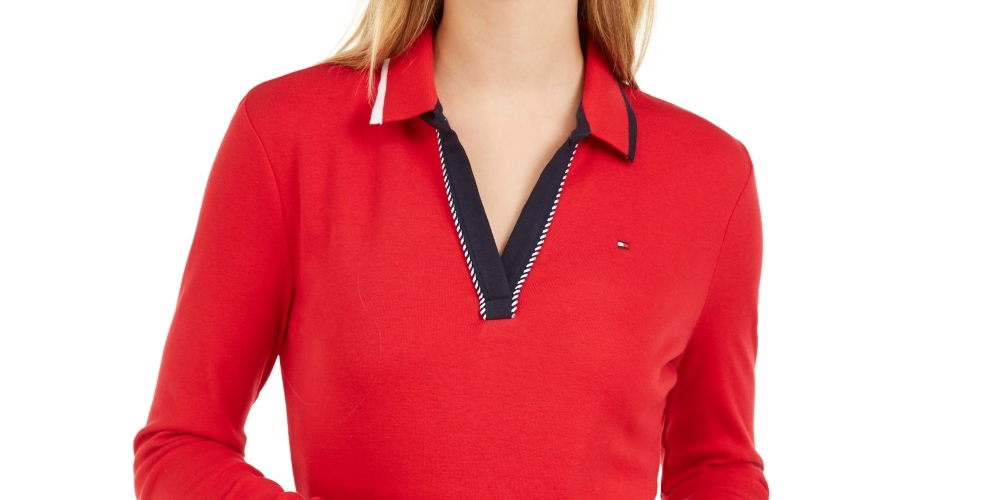 Camisa polo feminina Tommy Hilfiger de algodão manga comprida vermelha tamanho médio