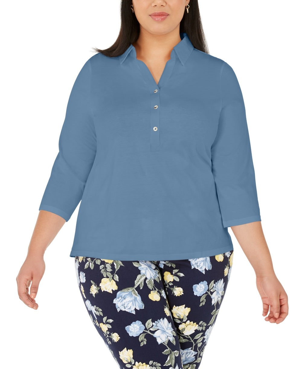 Camisa polo feminina Charter Club Plus Cotton, azul, tamanho 0X