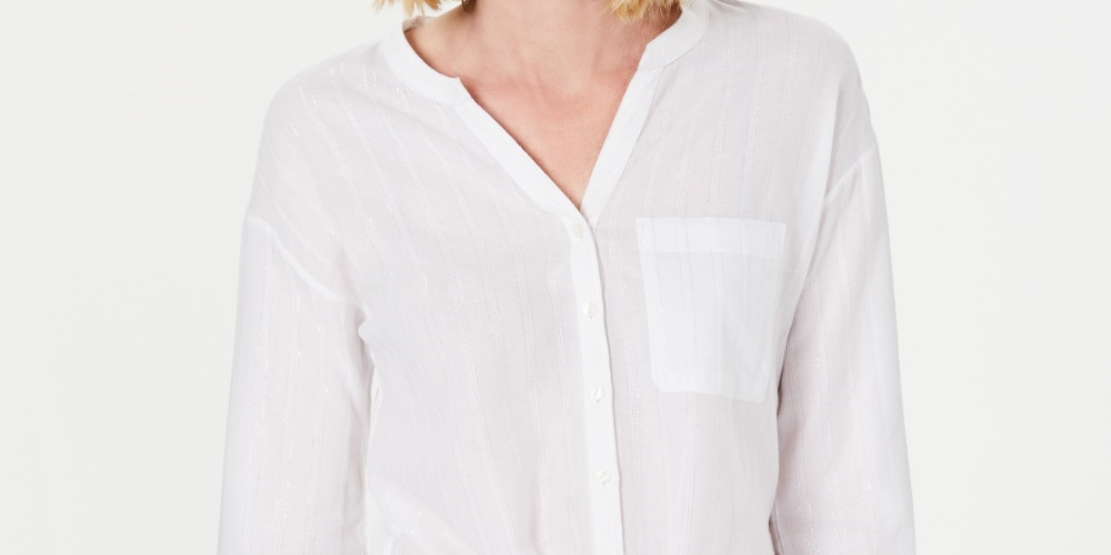 Charter Club Blusa feminina listrada metálica de algodão com amarração frontal, branca, tamanho pequeno