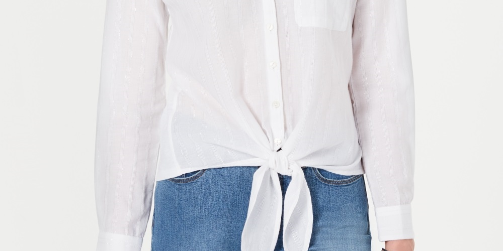 Charter Club Blusa feminina listrada metálica de algodão com amarração frontal, branca, tamanho pequeno