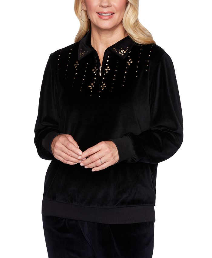 Alfred Dunner Suéter Feminino Veludo Enfeitado com Zíper de 1/4 Pulôver Preto Tamanho Pequeno M