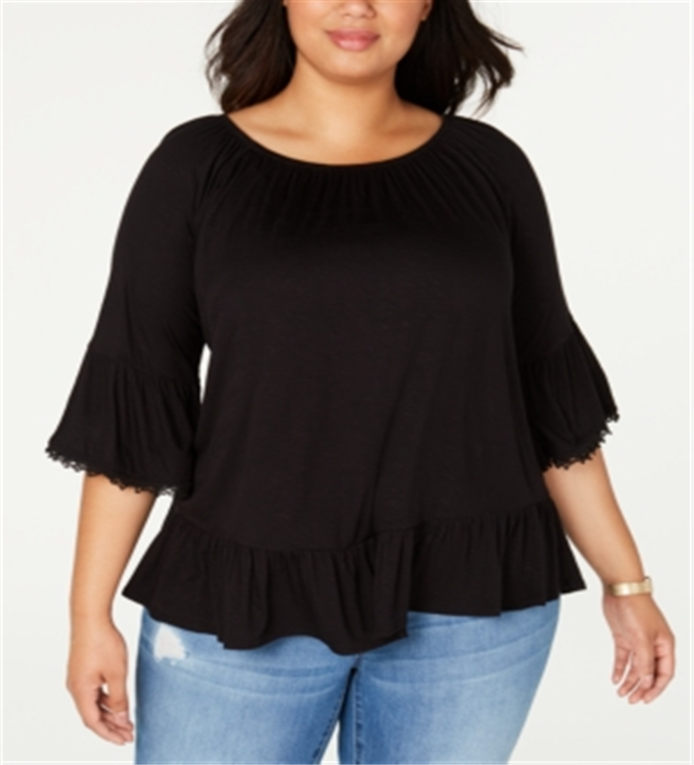 Blusa feminina estilo &amp; co plus size com babados e manga 3/4, preta, tamanho 0X
