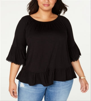 Blusa feminina estilo &amp; co plus size com babados e manga 3/4, preta, tamanho 0X