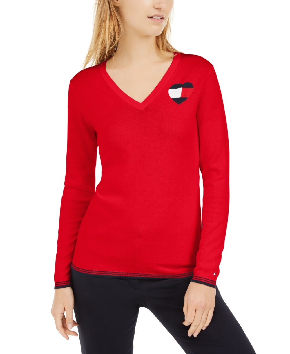 Suéter Tommy Hilfiger Feminino de Algodão com Logotipo e Coração Vermelho Tamanho Grande