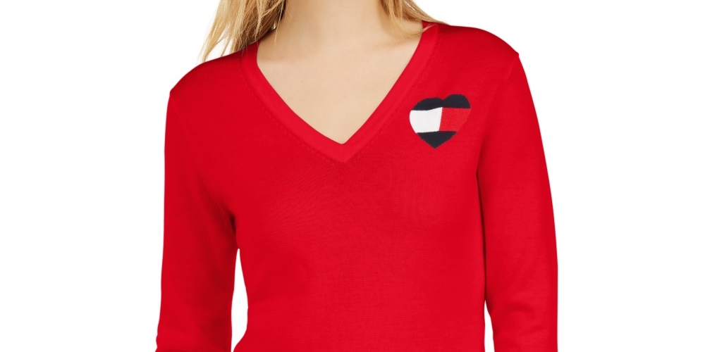 Suéter Tommy Hilfiger Feminino de Algodão com Logotipo e Coração Vermelho Tamanho Grande