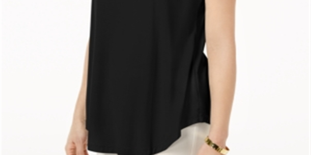Top feminino com decote redondo e manga curta JM Collection, preto, tamanho P