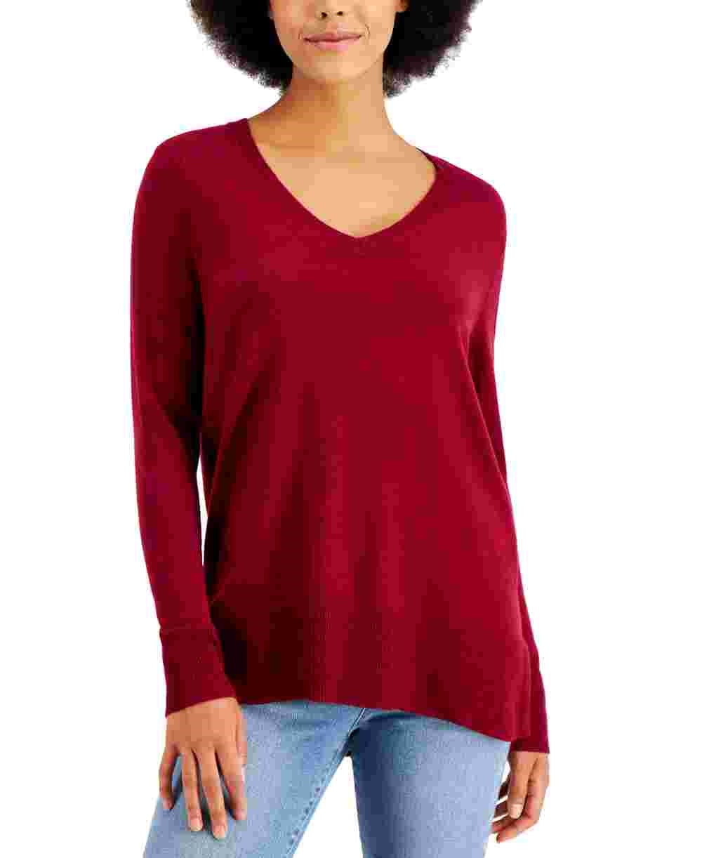 Suéter feminino com decote em V e bainha de faixa, tamanho grande, vermelho, estilo &amp; co