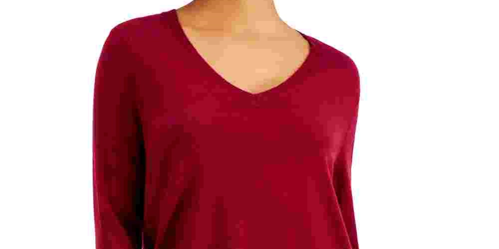 Suéter feminino com decote em V e bainha de faixa, tamanho grande, vermelho, estilo &amp; co