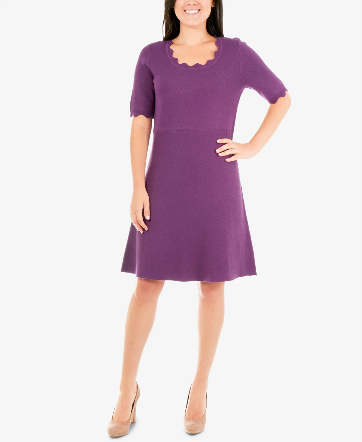 Vestido suéter feminino NY Collection Scalloped Fit &amp; Flare Rosa Tamanho Petite S