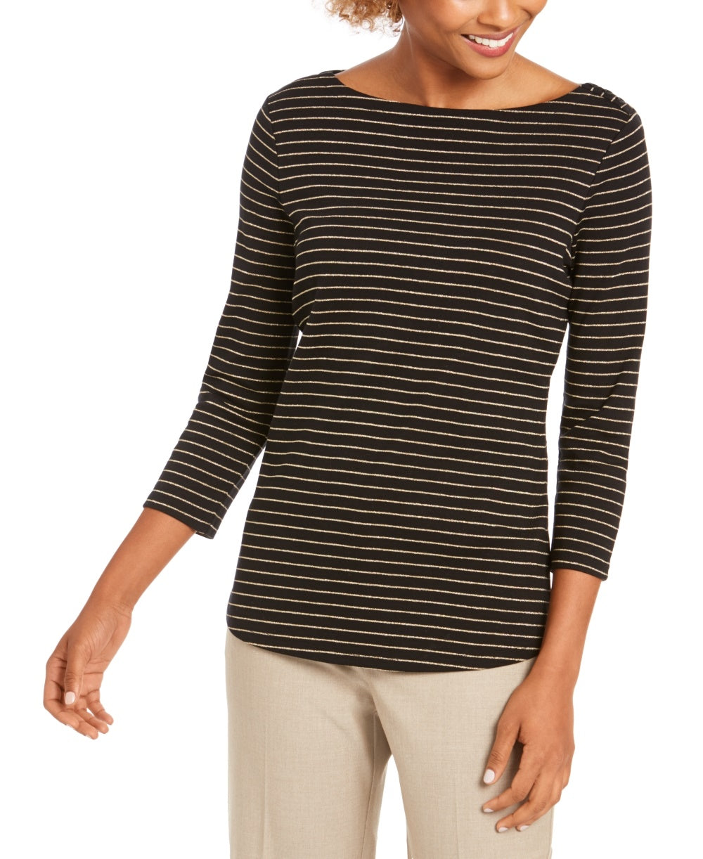 Charter Club Top feminino listrado metálico com decote canoa, preto, tamanho médio