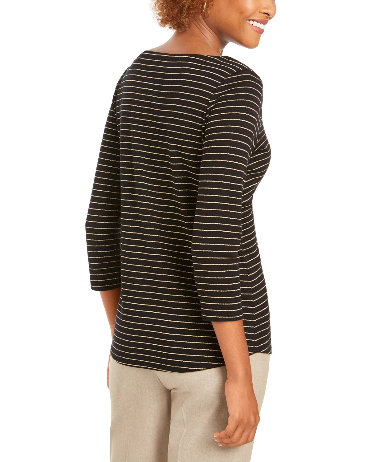Charter Club Top feminino listrado metálico com decote canoa, preto, tamanho médio
