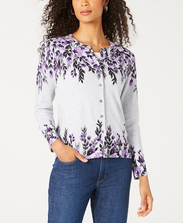 Karen Scott Cardigan Feminino Estampado Floral Cinza Tamanho Pequeno