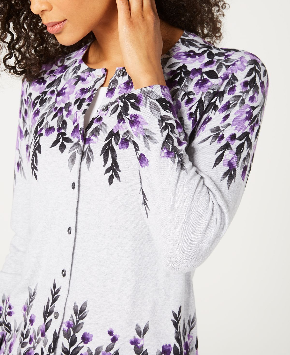 Karen Scott Cardigan Feminino Estampado Floral Cinza Tamanho Pequeno