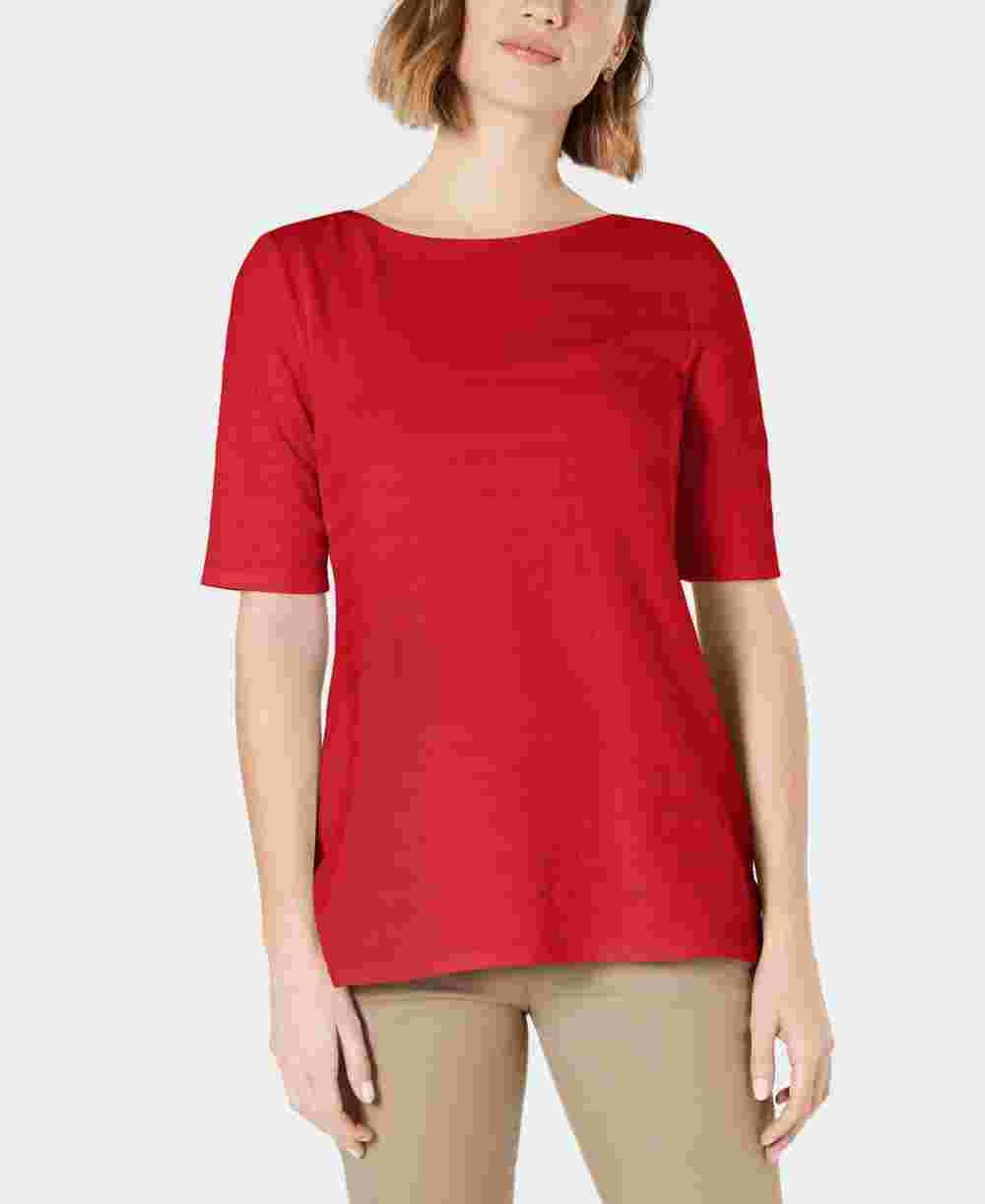 Charter Club Top feminino listrado com textura de algodão e manga cotovelo, vermelho, tamanho grande