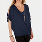 JM Collection Blusa feminina com amarração frontal e colar liso, azul, tamanho XS