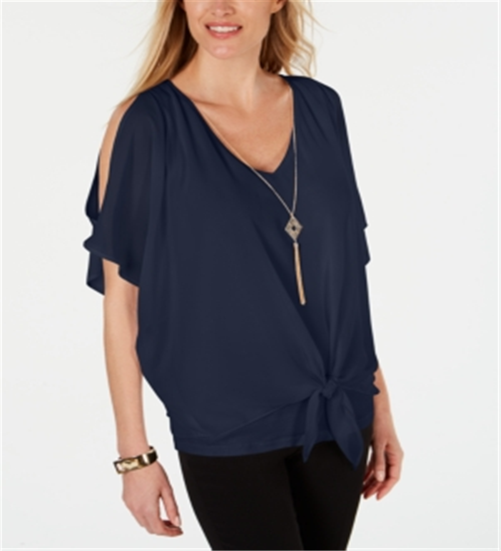 JM Collection Blusa feminina com amarração frontal e colar liso, azul, tamanho XS