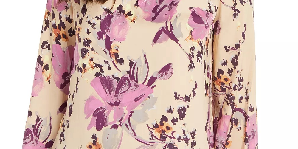 Thalia Sodi Blusa feminina estampada com decote careca e recorte, bege, tamanho médio