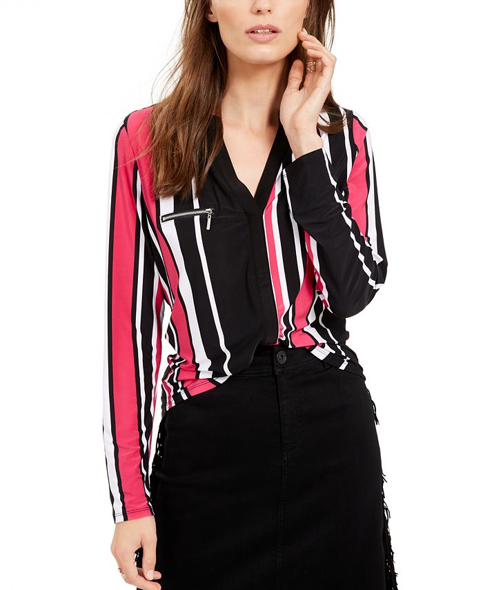 Blusa feminina listrada de manga comprida com decote em V, tamanho pequeno e pequeno, da INC International Concepts