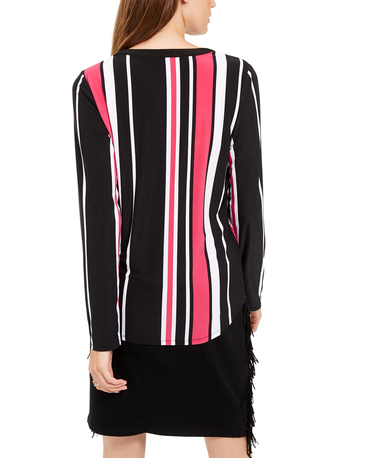 Blusa feminina listrada de manga comprida com decote em V, tamanho pequeno e pequeno, da INC International Concepts