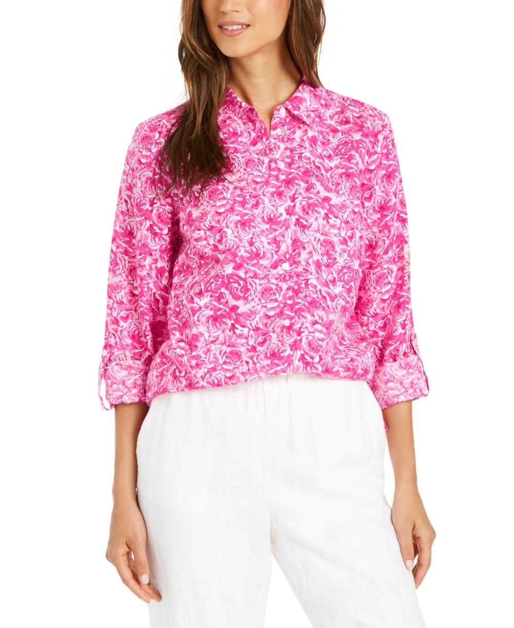 Blusa estampada de linho feminina Charter Club, rosa, tamanho grande