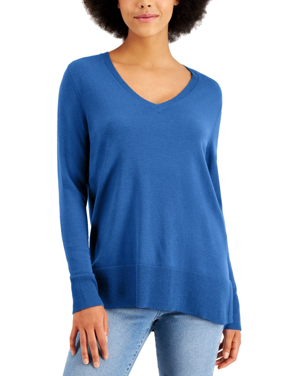 Suéter feminino com decote em V e bainha de faixa, azul, tamanho pequeno, estilo &amp; co