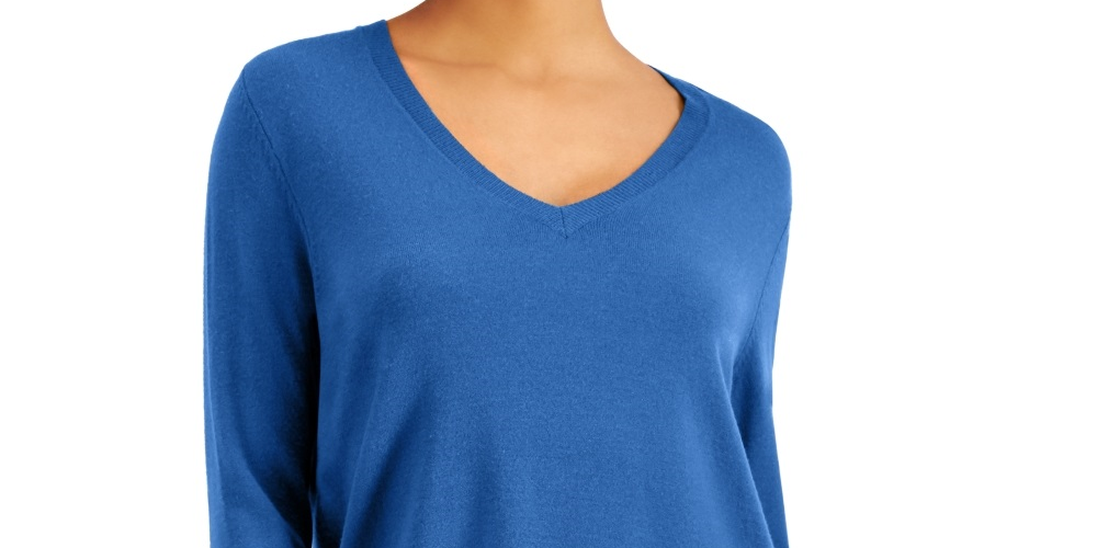 Suéter feminino com decote em V e bainha de faixa, azul, tamanho pequeno, estilo &amp; co