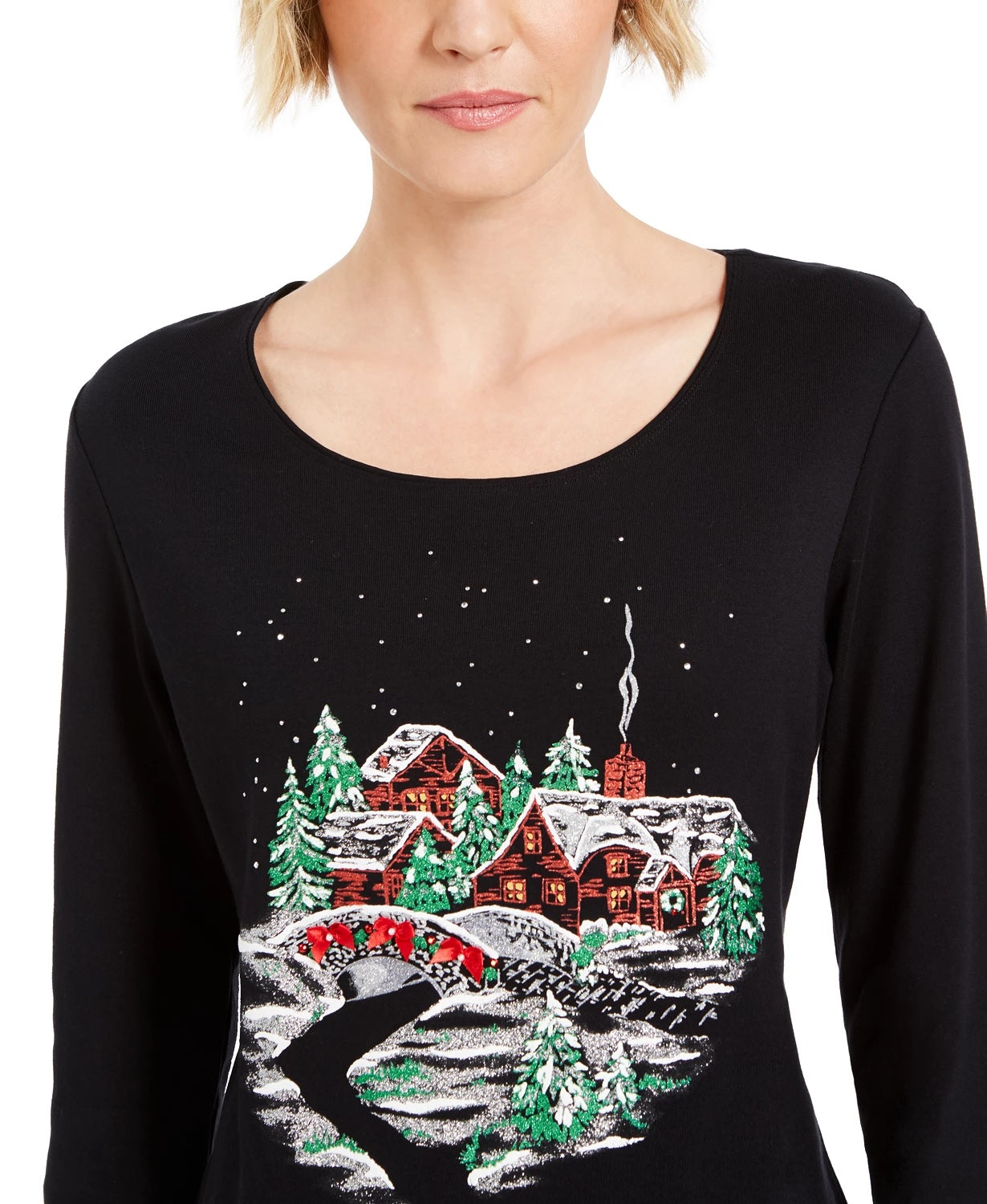 Camisa feminina Karen Scott com estampa de glitter para festas, preta, tamanho médio