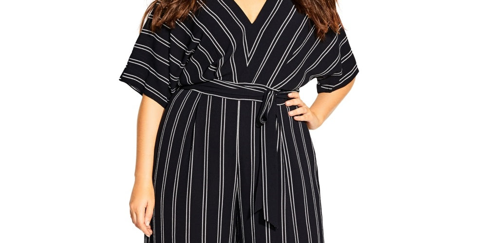 Macacão curto listrado plus size feminino City Chic, preto, tamanho 24W