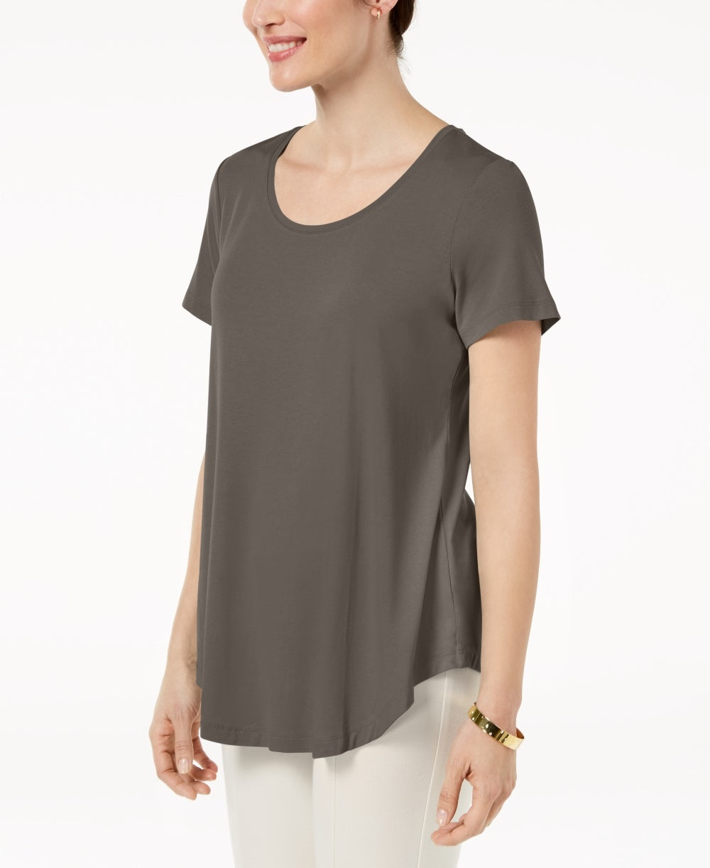 Top feminino com decote redondo e manga comprida JM Collection, marrom, tamanho pequeno