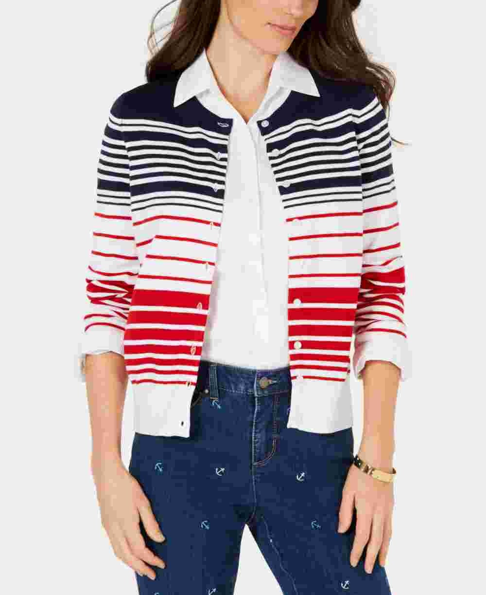 Cardigan feminino listrado com botões Charter Club, azul, tamanho médio