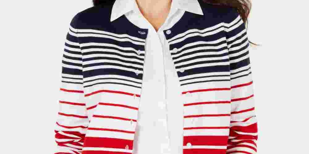 Cardigan feminino listrado com botões Charter Club, azul, tamanho médio