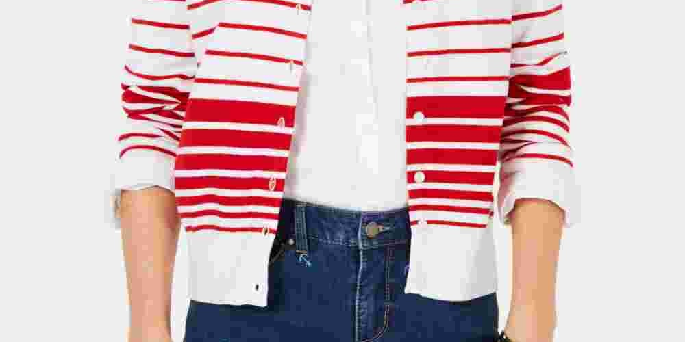 Cardigan feminino listrado com botões Charter Club, azul, tamanho médio