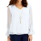JM Collection Blusa feminina com manga franzida e colar, branca, tamanho XX-G