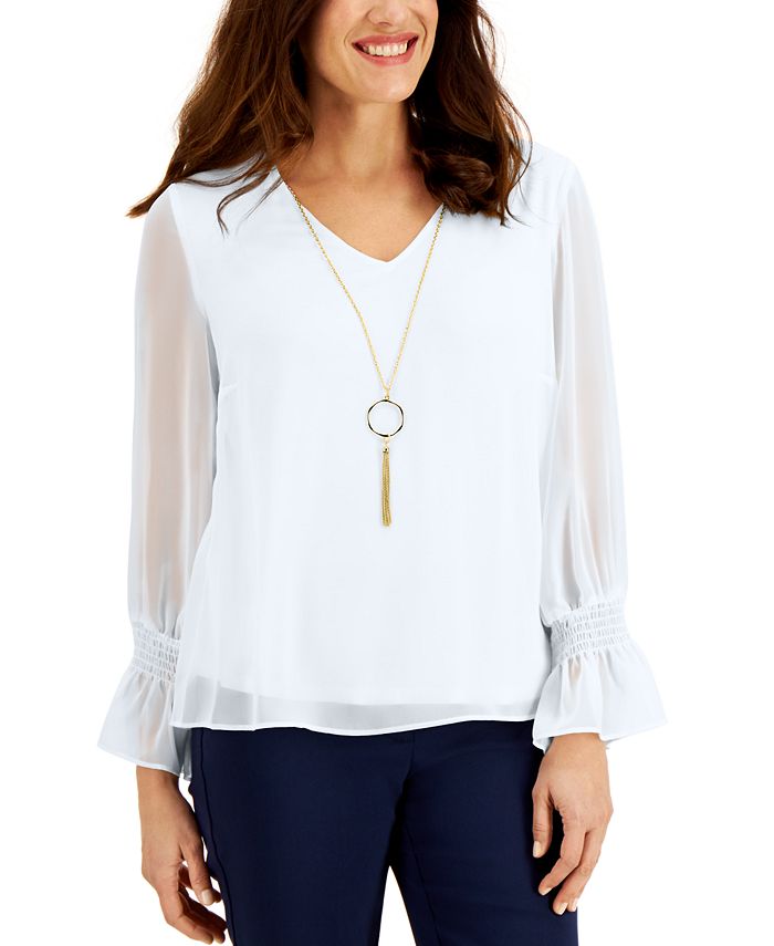 JM Collection Blusa feminina com manga franzida e colar, branca, tamanho XX-G