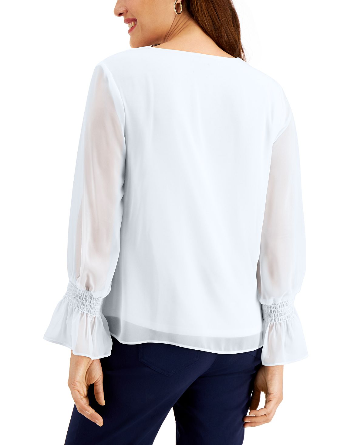 JM Collection Blusa feminina com manga franzida e colar, branca, tamanho XX-G