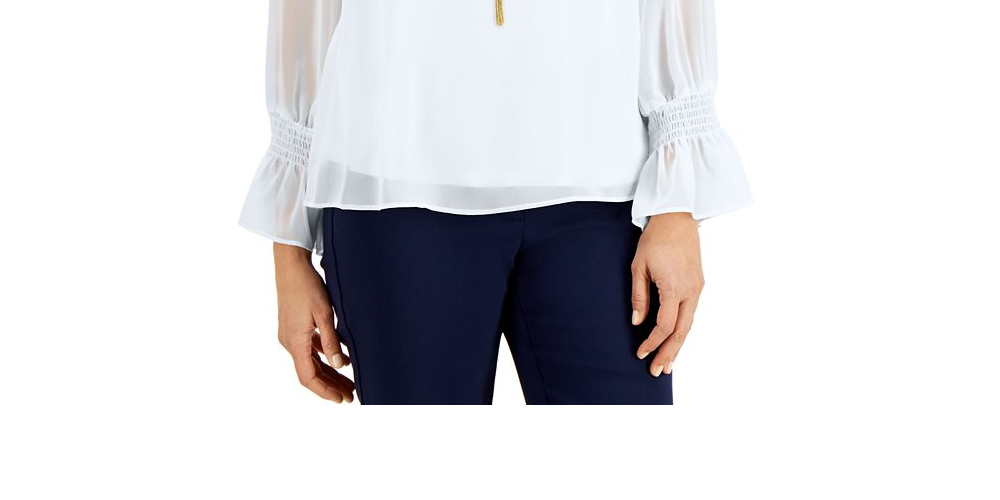 JM Collection Blusa feminina com manga franzida e colar, branca, tamanho XX-G