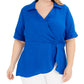 Blusa feminina Alfani de malha sobrepeliz drapeada franzida azul tamanho 1X