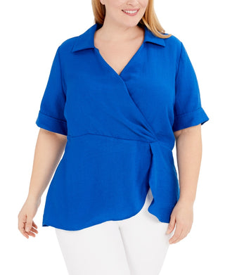 Blusa feminina Alfani de malha sobrepeliz drapeada franzida azul tamanho 1X